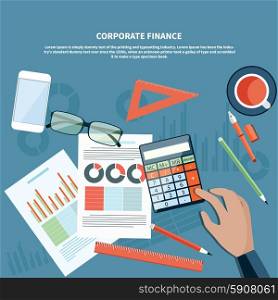 Concept of corporate finance, business management, financial planning with top view of office desk, calculator, smartphone, financial documents and businessman hand