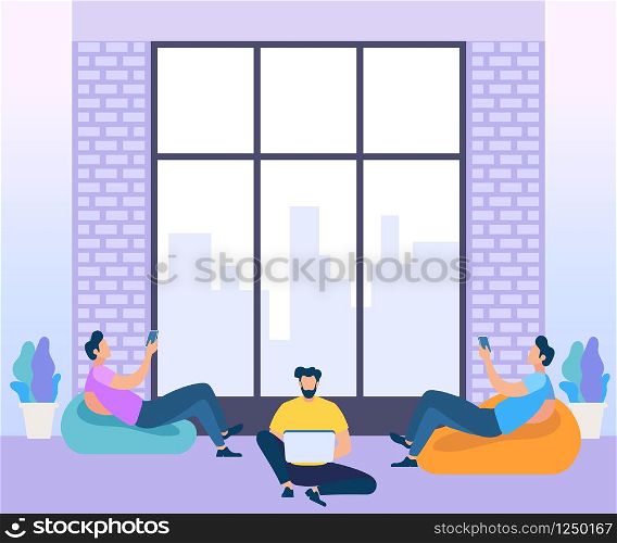 Concept of Coworking Center. Business Meeting. Shared Working Environment. People Talking and Working at Computers and Gadgets in Open Space Office. Cartoon Flat Vector Illustration Design Style. Concept of Coworking Center. Business Meeting.