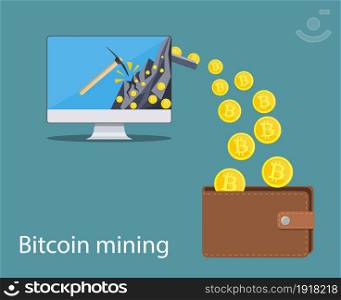 concept of cryptocurrency technology, bitcoin making, bitcoin mining, e-wallet. Computer monitor with bitcoin symbol relocating into wallet. Vector illustration in flat style. concept of cryptocurrency technology,