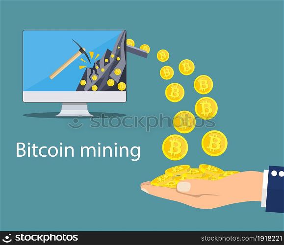 concept of cryptocurrency technology, bitcoin making, bitcoin mining, e-wallet. Computer monitor with bitcoin symbol relocating into hand. Vector illustration in flat style. concept of cryptocurrency technology,