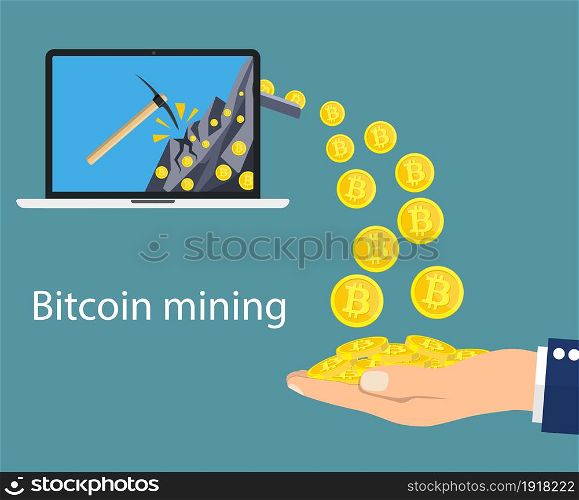 concept of cryptocurrency technology, bitcoin making, bitcoin mining, e-wallet. Computer notebook with bitcoin symbol relocating into hand. Vector illustration in flat style. concept of cryptocurrency technology,