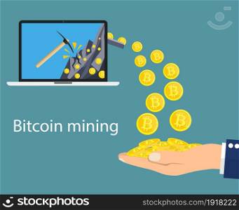 concept of cryptocurrency technology, bitcoin making, bitcoin mining, e-wallet. Computer notebook with bitcoin symbol relocating into hand. Vector illustration in flat style. concept of cryptocurrency technology,