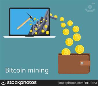 concept of cryptocurrency technology, bitcoin making, bitcoin mining, e-wallet. Computer notebook with bitcoin symbol relocating into wallet. Vector illustration in flat style. concept of cryptocurrency technology,