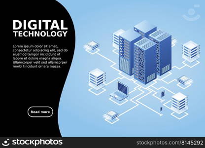 Concept of data network management .Vector isometric map with business networking servers computers and devices.Cloud storage data and synchronization of devices.3d isometric style