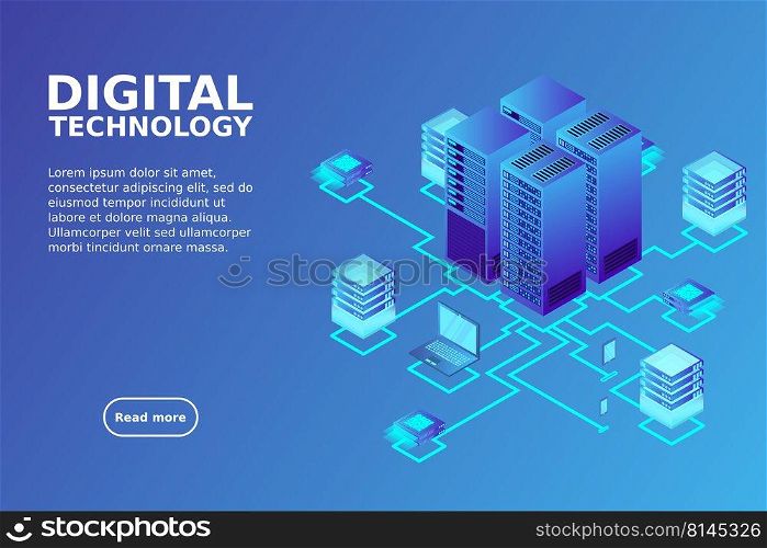 Concept of data network management .Vector isometric map with business networking servers computers and devices.Cloud storage data and synchronization of devices.3d isometric style