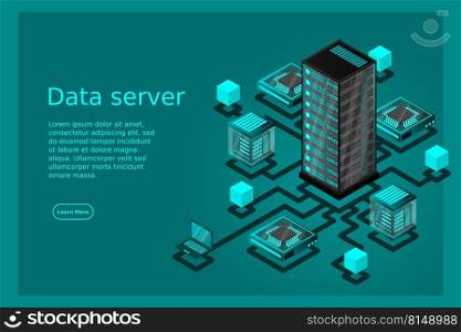 Concept of data network management .Vector isometric map with business networking servers computers and devices.Cloud storage data and synchronization of devices. 3d isometric style