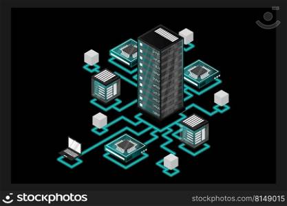 Concept of data network management .Vector isometric map with business networking servers computers and devices.Cloud storage data and synchronization of devices. 3d isometric style