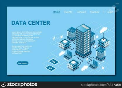 Concept of data network management . Vector isometric map with business networking servers computers and devices. Cloud storage data and synchronization of devices. Vector illustration