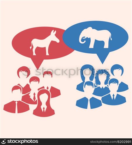 Concept of Debate Republicans and Democrats. Illustration Concept of Debate Republicans and Democrats. Donkey and Elephant as a Symbols Vote of USA. Retro Style Design - Vector