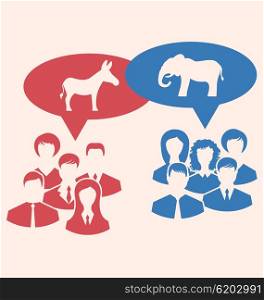 Concept of Debate Republicans and Democrats. Illustration Concept of Debate Republicans and Democrats. Donkey and Elephant as a Symbols Vote of USA. Retro Style Design - Vector