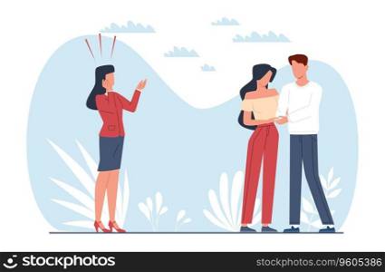 Concept of deception and cheating, girl watches her lover embrace another woman. Fake romantic relationships. Love triangle. Angry wife and happy couple vector cartoon flat style isolated illustration. Concept of deception and cheating, girl watches her lover embrace another woman. Fake romantic relationships. Love triangle. Angry wife and happy couple, vector cartoon flat isolated illustration