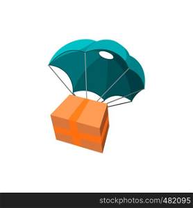 Concept of delivery service. Package with parachute cartoon icon on a white . Package with parachute cartoon icon