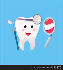 Concept of Dentistry Banner Poster. Concept of Dentistry Banner Poster. Cartoon tooth with dental instruments looking in the mirror for happy smile design flat style. Medicine stomatology placard with space for text vector illustration