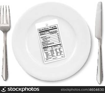 Concept of Diet. Nutrition Facts Label Instead Of A Meal On Plat. Concept of Diet. Nutrition Facts Label Instead Of A Meal On Plate With Fork and Spoon. Vector. Concept of Diet. Nutrition Facts Label Instead Of A Meal On Plate With Fork and Spoon. Vector
