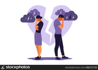 Concept of divorce, misunderstanding in family. Disagreement, relationship troubles. Man and woman in a quarrel. Conflicts between husband and wife. Vector. Flat