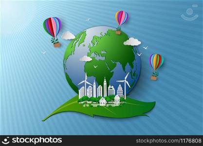 Concept of eco friendly and environment conservation,colorful hot air balloon with tree flying over the city and world,paper art design vector illustration