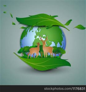Concept of eco friendly save the environment conservation,Deer family standing on leaf shape abstract background,paper art and craft design,vector illustration