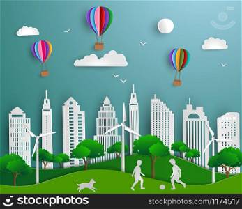 Concept of eco friendly save the world and environment,paper art scene background with urban city green energy nature landscape,vector illustration