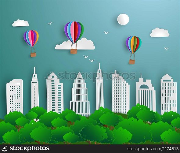 Concept of ecology and save environment with urban city green nature landscape,paper art scene background,vector illustration