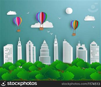 Concept of ecology and save environment with urban city green nature landscape,paper art scene background,vector illustration
