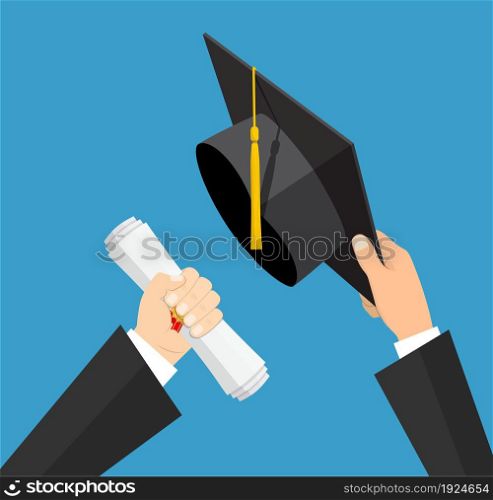 Concept of education. Graduation hat and diploma with stamp and ribbon in hands of student. vector illustration in flat style on green background. Concept of education. Graduation hat and diploma with stamp and ribbon in hands of student. vector illustration in flat style