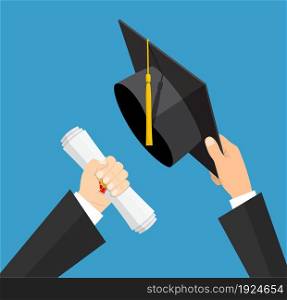 Concept of education. Graduation hat and diploma with stamp and ribbon in hands of student. vector illustration in flat style on green background. Concept of education. Graduation hat and diploma with stamp and ribbon in hands of student. vector illustration in flat style