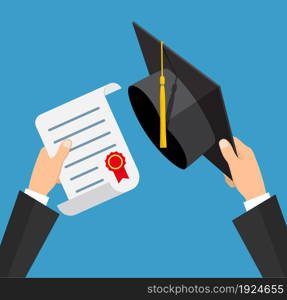 Concept of education. Graduation hat and diploma with stamp and ribbon in hands of student. vector illustration in flat style on green background. Concept of education. Graduation hat and diploma with stamp and ribbon in hands of student. vector illustration in flat style