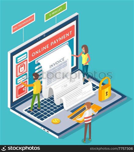 Concept of electronic bill and online bank, laptop with check tape. Payment by means of the payments electronic online. Payment plastic card, tiny people payers buys goods online, receives an invoice. Concept of electronic bill and online bank. Payment by means of the payments electronic online