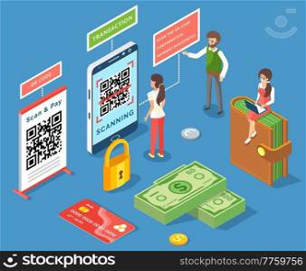 Concept of electronic bill and online bank. Payment by means of the payments electronic online, smartphone with code scanning app. Paper bills, payment plastic card and wallet, tiny people payers. Concept of electronic bill and online bank. Payment by means of the payments electronic online