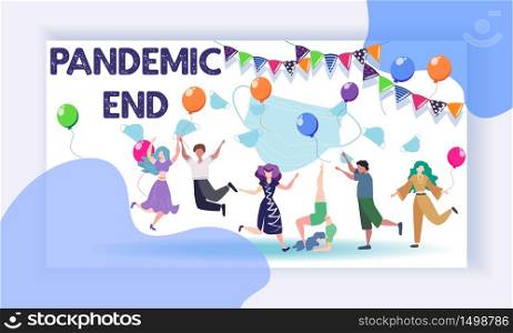 Concept of ending pandemic. People celebrate the end of quarantine, throw masks in the air. coronavirus epidemic covid-19. Banner. Ending quarantine. Quarantine canceled.
