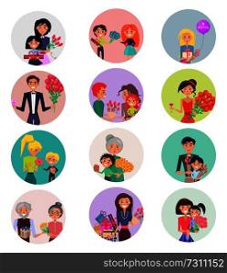 Concept of female getting gifts and bouquet of flowers from male in color circles on white background vector illustration.. Concept of Female Getting Gifts from Male on White
