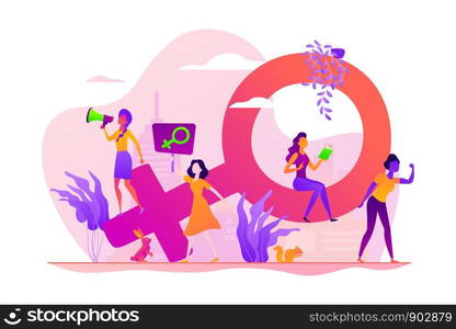 Concept of feminism, girl power, movement, female equality, equal social and civil rights. Colorful vector isolated concept illustration with tiny people and floral elements. Hero image for website.. Feminism vector concept vector illustration.