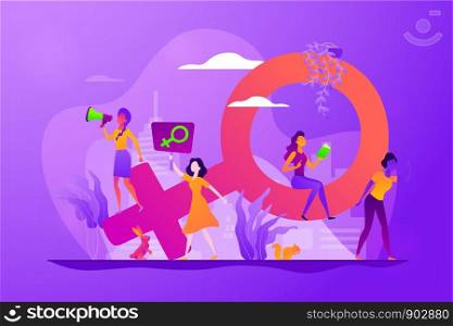 Concept of feminism, girl power, movement, female equality, equal social and civil rights. Colorful vector isolated concept illustration with tiny people and organic elements. Hero image for website.. Feminism vector concept vector illustration.