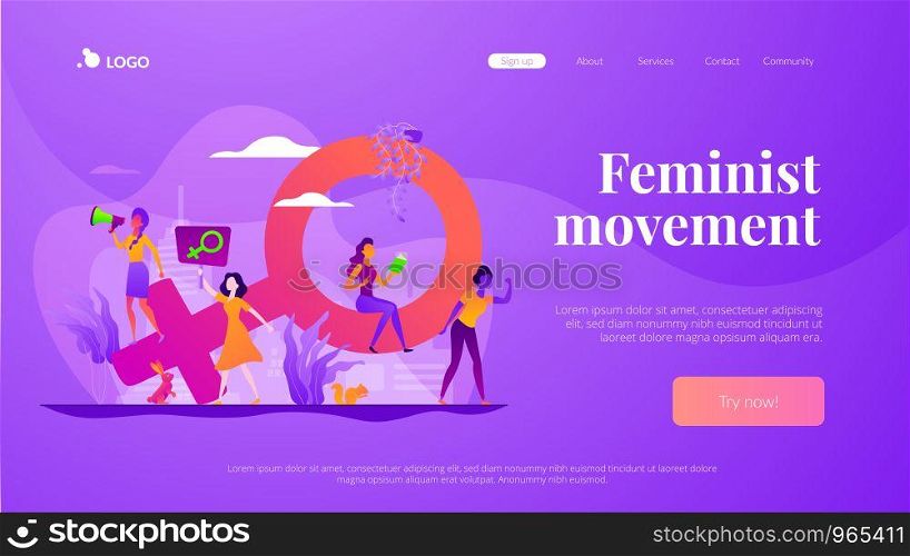 Concept of feminism, girl power, movement, female equality, equal social and civil rights. Website interface UI template. Landing web page with infographic concept creative hero header image.. Feminism vector landing page template.