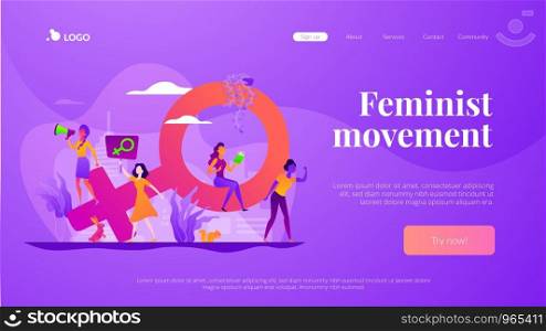 Concept of feminism, girl power, movement, female equality, equal social and civil rights. Website interface UI template. Landing web page with infographic concept creative hero header image.. Feminism vector landing page template.