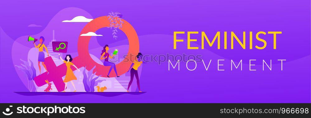 Concept of feminism, girl power, movement, female equality, equal social and civil rights. Vector banner template for social media with text copy space and infographic concept illustration.. Feminism vector web banner concept.