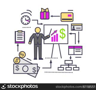 Concept of financial analysis icon flat. Business finance, market and report, marketing graph growth, data and management, presentation diagram and chart, money statistic illustration. Thin line icons
