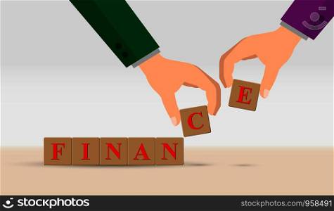 concept of financial growth or financial success, business. The hand makes the word FINANCE from cubes with letters.