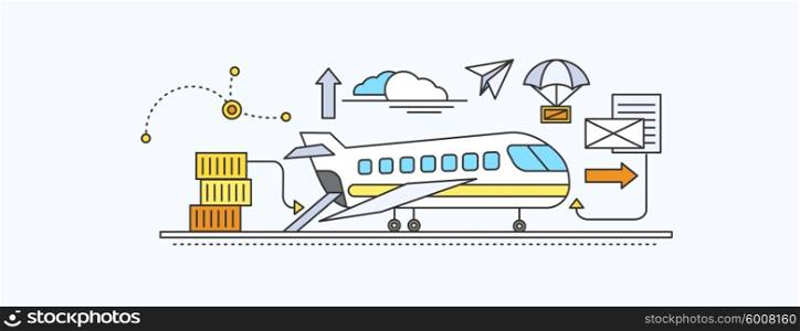 Concept of Freight Forwarding by air. Transport delivery, shipping import industry, distribution and logistic, export railway transportation. Set of thin, lines, outline flat icons