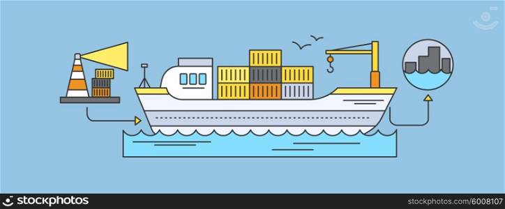 Concept of Freight Forwarding by sea. Transport delivery, shipping import industry, distribution and logistic, export railway transportation. Set of thin, lines, outline flat icons