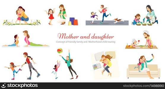 Concept of friendly family and Motherhood child-rearing playing walking with kids retro cartoon icons banners set isolated vector illustration. Concept of friendly family and Motherhood child-rearing playing walking with kids retro cartoon icons banners set isolated vector illustration.