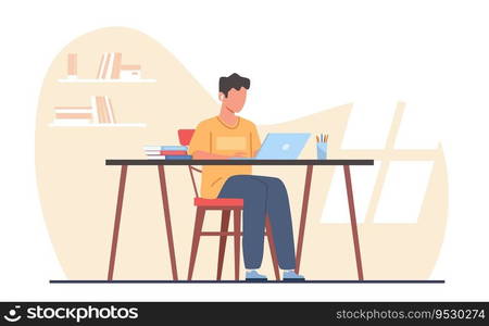 Concept of gaining knowledge online, young guy is being trained using laptop computer. Boy in headphones sitting at desk and doing homework with computer. Vector cartoon flat isolated illustration. Concept of gaining knowledge online, young guy is being trained using laptop computer. Boy in headphones sitting at desk and doing homework with computer. Vector cartoon flat illustration