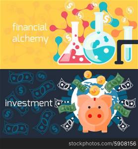 Concept of generating money in laboratory with alchemy experiments and global investment with piggy in flat design