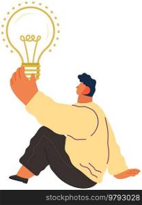 Concept of great idea. Man has good idea. Solution of problem, creative thinking, new startup. Idea generation, imagination, creativity, solution. Thinking businessman and lightbulb, inspiration. Concept of great idea. Man has good idea. Solution of problem, creative thinking, new startup
