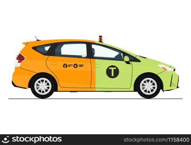 Concept of green and yellow cab. Side view of modern cab in half green and yellow. Flat vector.