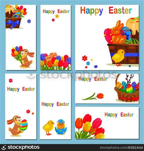 Concept of happy easter yellow chicken, spring flowers, cheerful bunny on white background with text. Wicker basket with willow branch, painted eggs, green grass, chocolate dessert vector illustration. Concept of Happy Easter Chicken Flowers Bunny