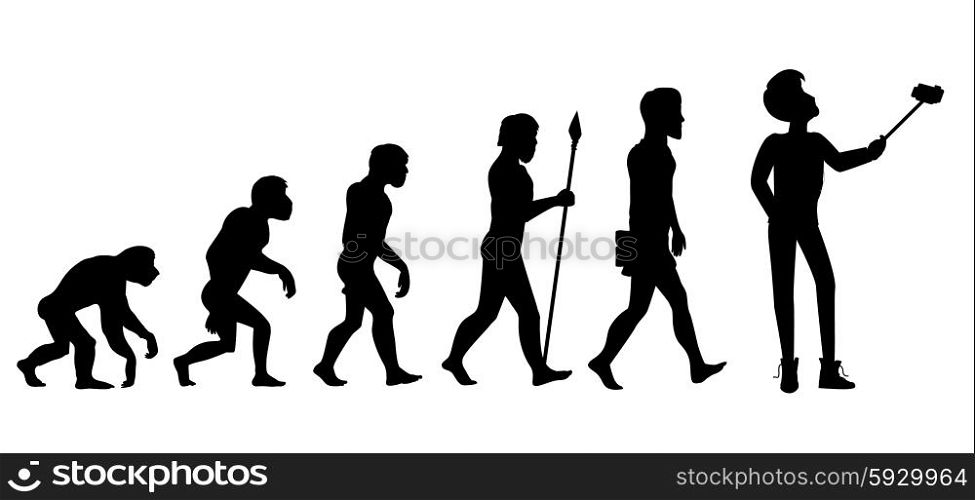 Concept of human evolution from ape to man. Development progress, primate growth, ancestor and mankind, caveman and neanderthal, mammal generation. Man doing selfie with monopod. Black and white