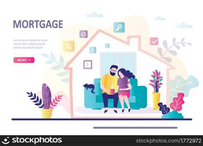 Concept of hypothec and finance management. Cartoon family took mortgage on new home. Love couple take house loan. Landing page template. Banking, investment in real estate. Flat vector illustration. Concept of hypothec and finance management. Cartoon family took mortgage on new home. Love couple take house loan