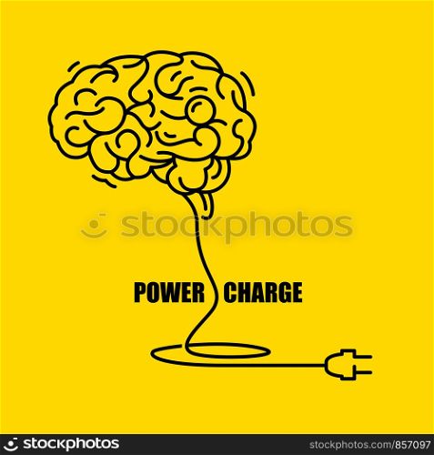 Concept of idea with brain and power charger, contour drawing and sketch, vector illustration and simple design.