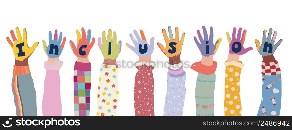 Concept of inclusion diversity equality. Group of painted hands of joyful happy multicultural kids and baby girls and boys.Colorful kids hands with smile.Preschool - school kindergarten